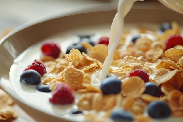 Fresh milk or yogurt pouring over a bowl of cereal flakes and berries fruits cold breakfast