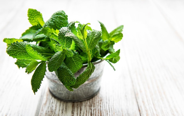 Fresh mint in bucket on a white wooden table