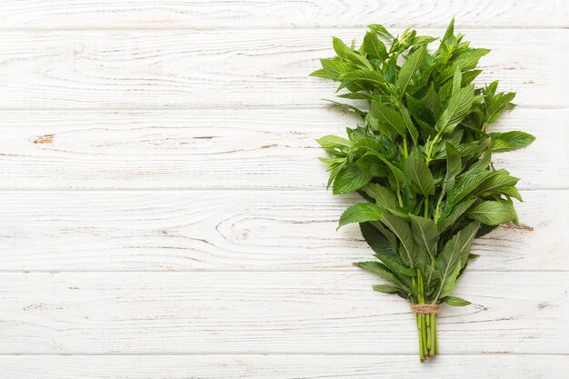 Fresh mint bunch on colored table Top view with copy space