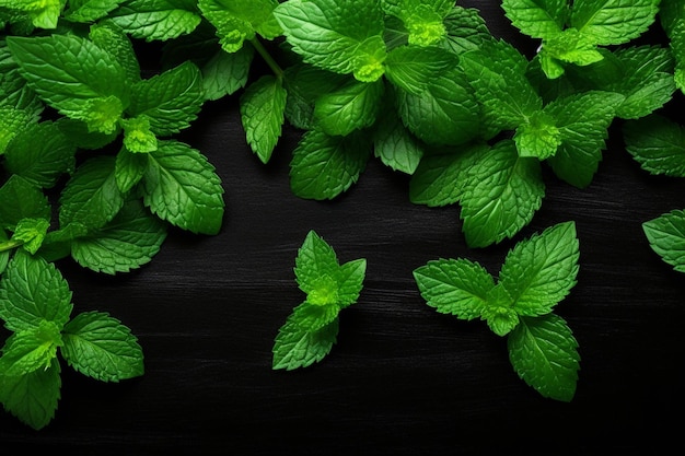 Fresh mint leaves on black background top view copy space