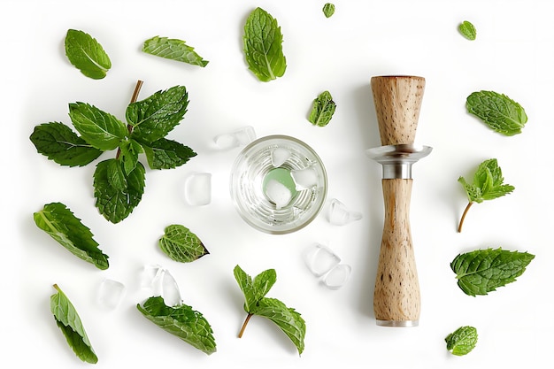 Fresh Mint Leaves and Cocktail Shaker with Ice Cubes