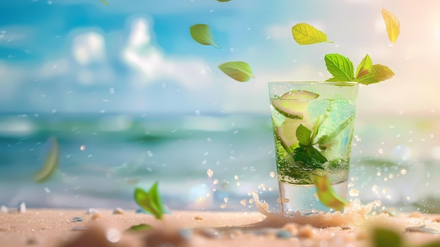 Fresh mint leaves falling into mojito glass beach blur bottom left reserved