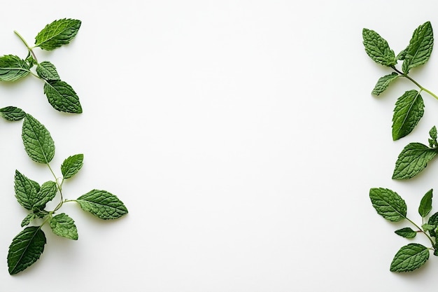 Photo fresh mint leaves forming a diagonal stripe on a white canvas