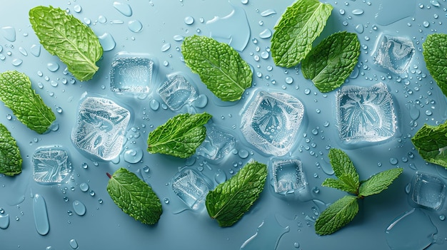 Photo fresh mint leaves and ice cubes on a blue background