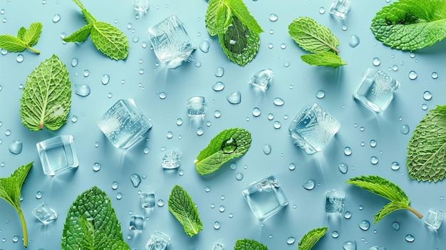 Photo fresh mint leaves and ice cubes with water drops on a blue background