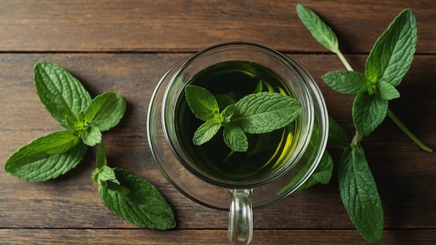 Fresh mint tea and green leaves on table Flat lay top view