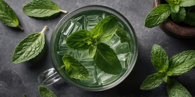 Fresh mint tea Herbal tea with green leaves top view