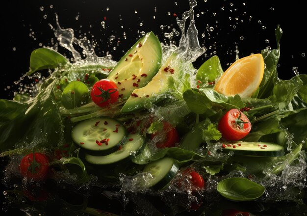 Fresh Mix fruits and salad with water splash float on dish with dark studio background AI Generative