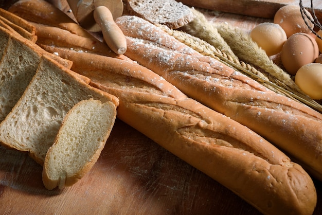 Fresh mixed baked delicious bread and wheat, Food concept