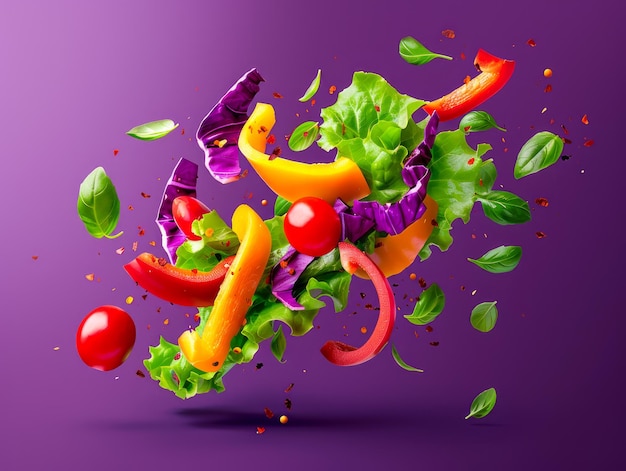 Photo fresh mixed salad ingredients levitating on vibrant purple background lettuce peppers tomatoes