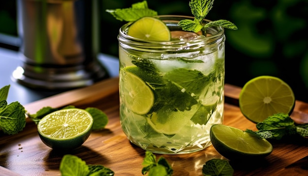 Fresh mojito cocktail with citrus fruit and mint leaf garnish generated by artificial intelligence