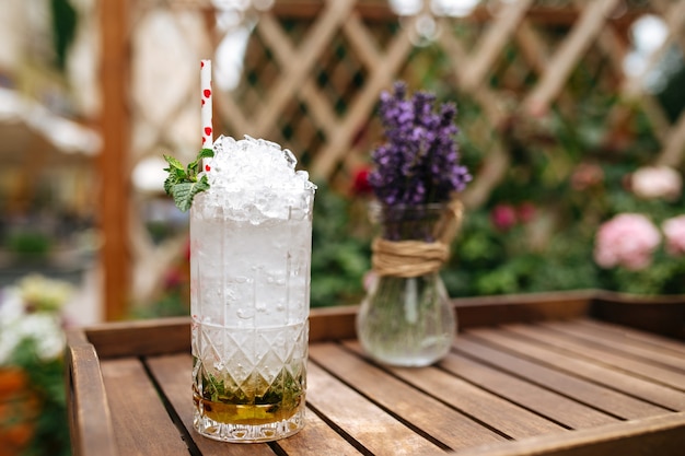 Fresh mojito cocktail with crushed ice on the wooden tray