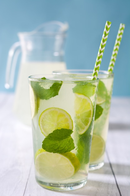 Fresh mojito in glass with lime and mint on white wooden table and blue