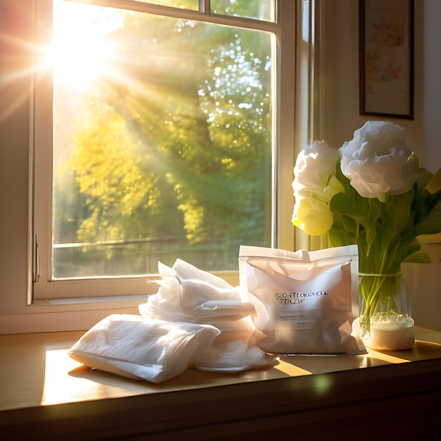 Photo a fresh morning scene featuring softtouch facial tissues and sunlight streaming in