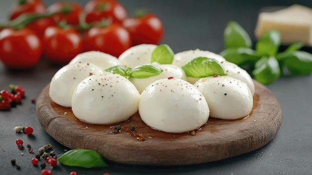 Photo fresh mozzarella balls arranged on a wooden board garnished with basil leaves and surrounded by ripe cherry tomatoes and black pepper