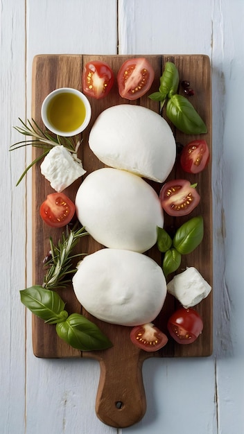 Photo fresh mozzarella cheese soft italian cheeses tomato and basil olives oil and rosemary on wooden