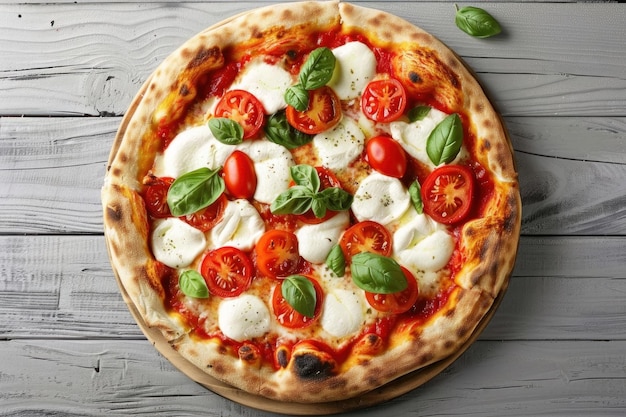 Fresh Mozzarella and Tomato Pizza with Basil on Rustic Wooden Background Generative AI