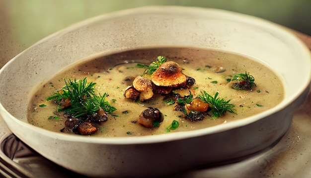 Fresh mushroom soup on the wooden board Generative Ai