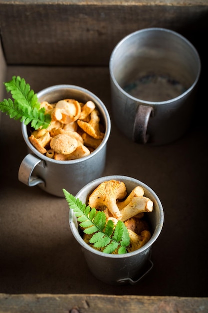 Fresh mushrooms on old wooden rustic background