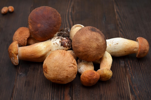 Photo fresh mushrooms raw unshelled boletus on a wooden table autumn flat lay