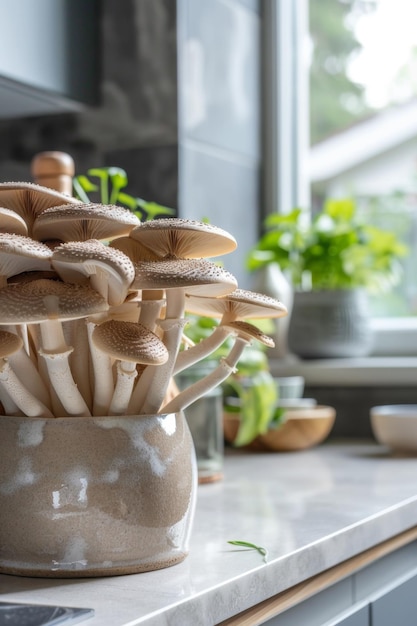 Fresh mushrooms on wooden board in modern kitchen