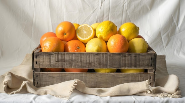 Fresh Navel Oranges and Lemons Displayed in a Rustic Wooden Crate on Burlap Background