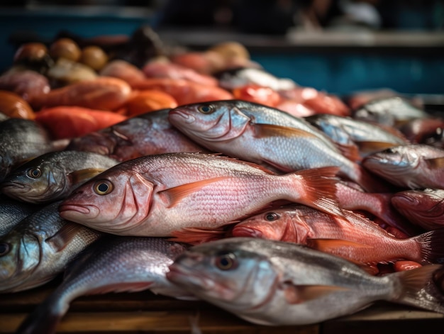 Fresh ocean fish and seafood at the fish market Close up Top view created with Generative AI technology