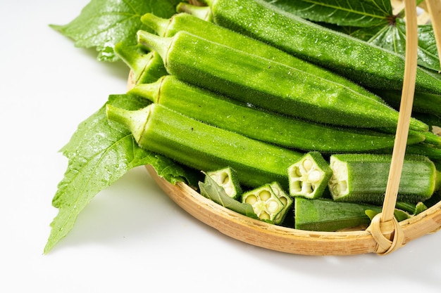 Fresh okra on pure white background