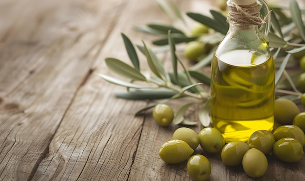 Photo fresh olive oil with green olives on rustic wooden table