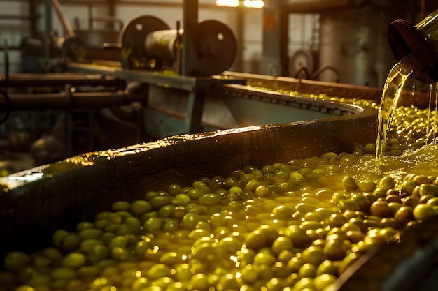 Fresh olives and olive oil with an oil press showcasing the traditional extraction process