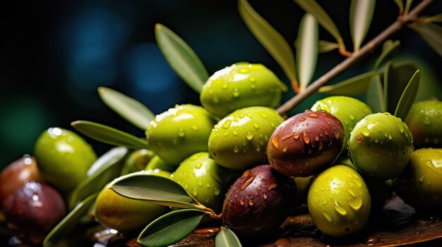 Photo fresh olives with leaves and drops of water on wooden table