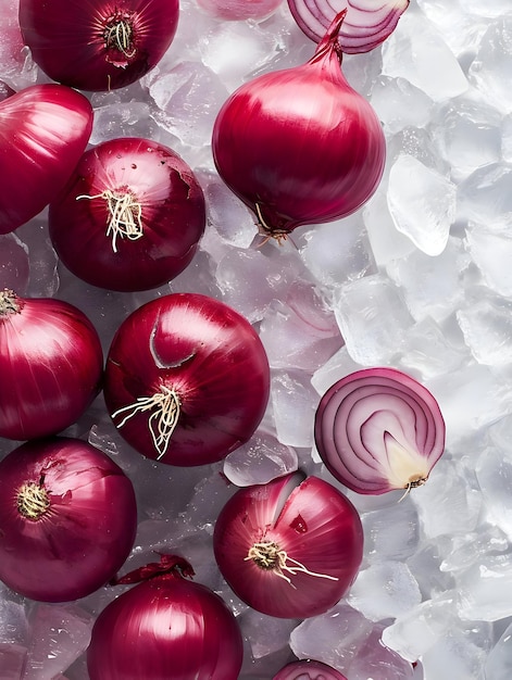 Fresh onion background adorned with glistening ice cubes High quality