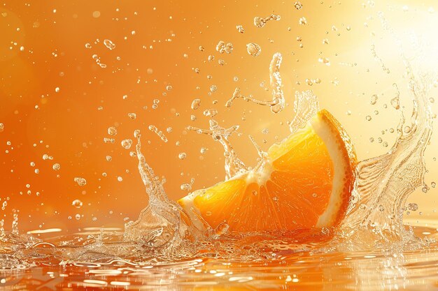 Photo fresh orange falling into water with splash on orange background ai generated