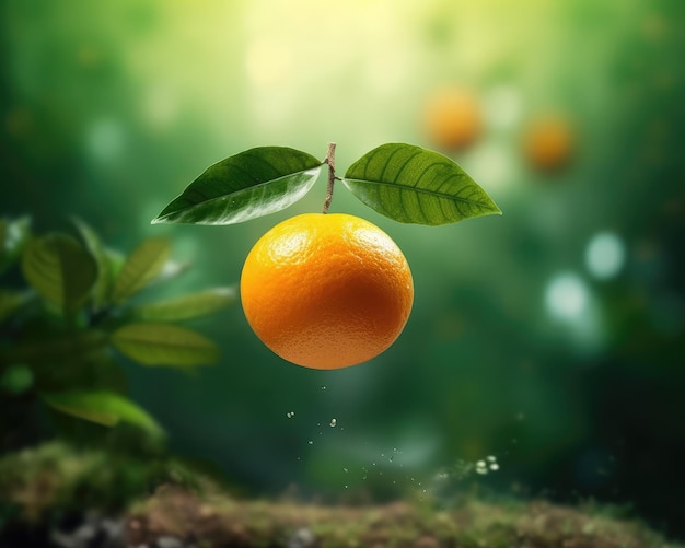 Fresh orange fruit flying in studio background restaurant and garden background