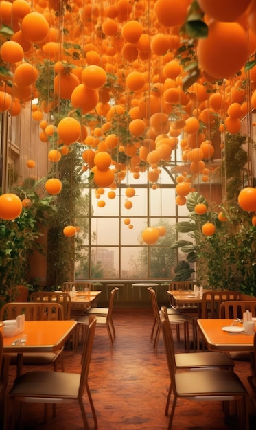 Fresh orange fruit flying in studio background restaurant and garden background