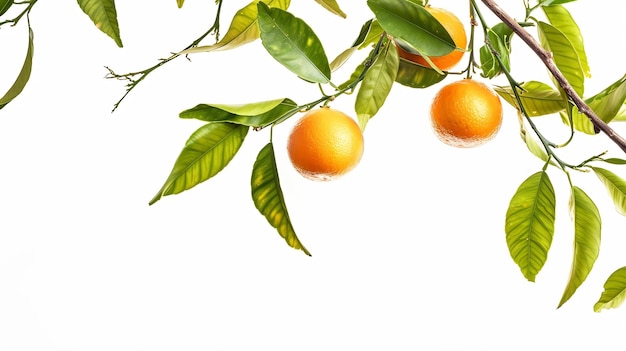 Photo fresh orange fruit hang on tree branch with green leaves isolated on white backgroun generative ai