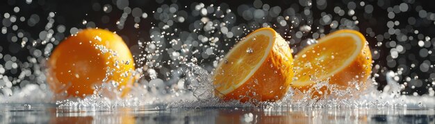 Photo fresh orange halves splat into water with splashing waves citrus fruit splashing and falling into