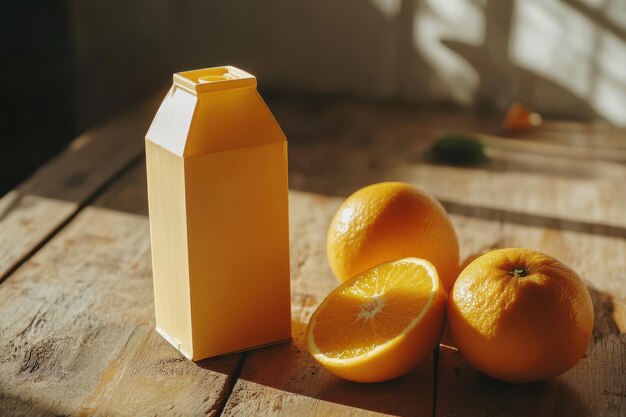 Fresh orange juice in a carton with whole and sliced oranges on a rustic table