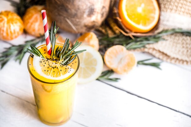 Fresh orange juice and fruits