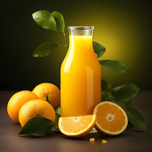 Fresh orange juice in a glass bottle with fresh fruits