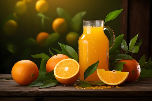 Fresh orange juice in a glass bottle with fresh oranges