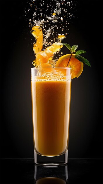 Fresh orange juice in the glass on dark background