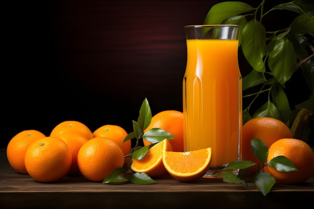 Fresh orange juice in a glass with fresh oranges