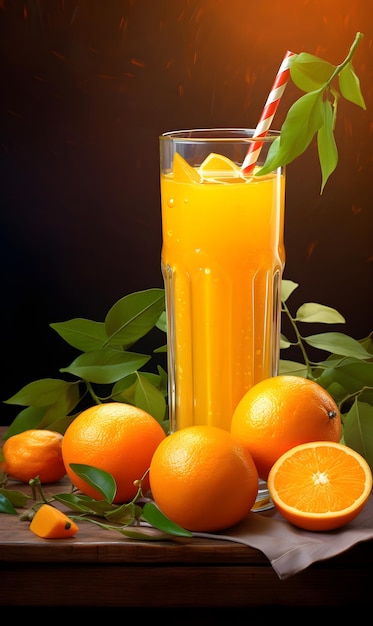 Fresh orange juice in a glass with fresh oranges