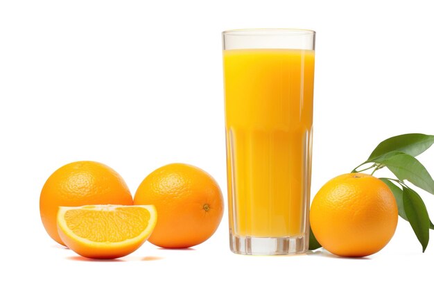 Fresh Orange juice in a glass with fruits cut in half and sliced green leaf refreshing and healthy citrus beverage juicy breakfast drink isolated on white background with clipping path