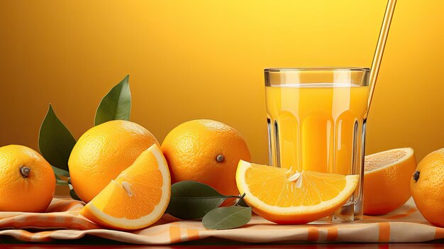 Photo fresh orange juice and oranges on a yellow background