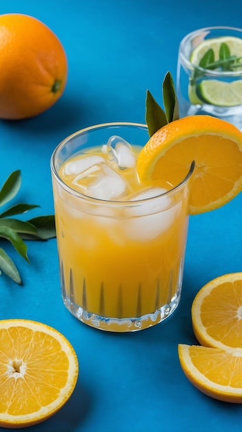 Fresh orange juice with ice in a glass on a blue background orange cocktl