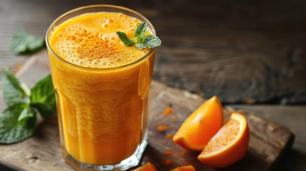 Fresh Orange Juice with Turmeric and Mint on Wooden Table