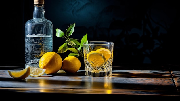 fresh orange lemonade with lemon in glass on black table