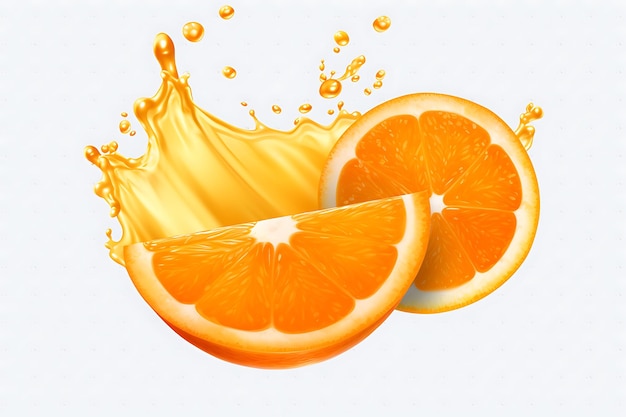 Fresh orange slice and orange juice splash on transparent background